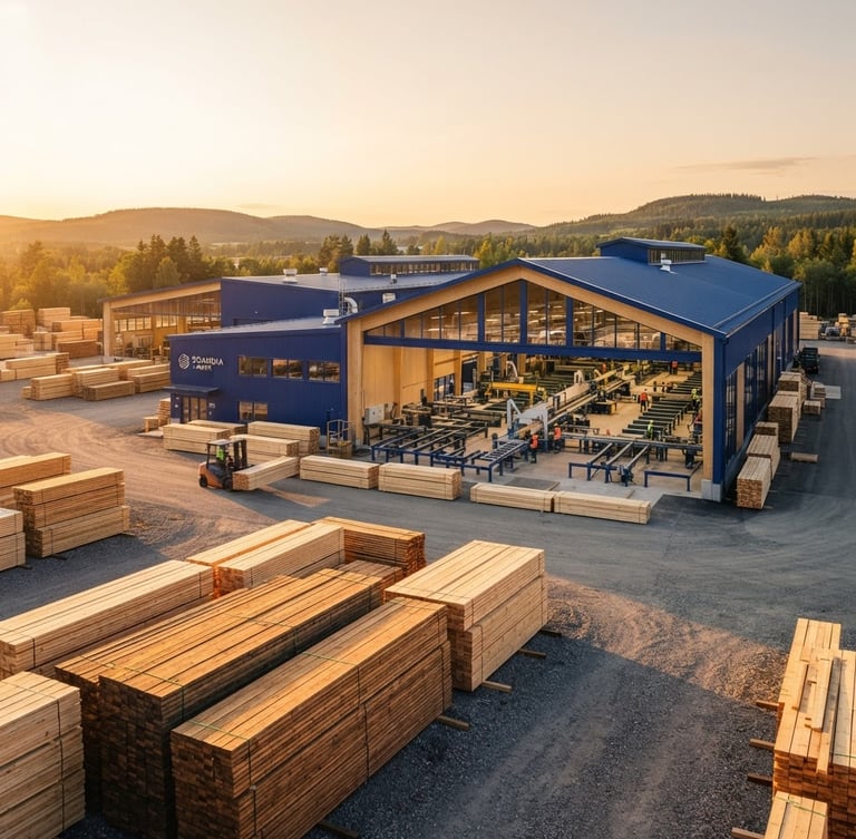 Wide panoramic shot of a modern timber processing facility at golden hour, warm low-angled light, stacks of lumber in the foreground, precision machinery in the background, sharp focus, architectural daylight.