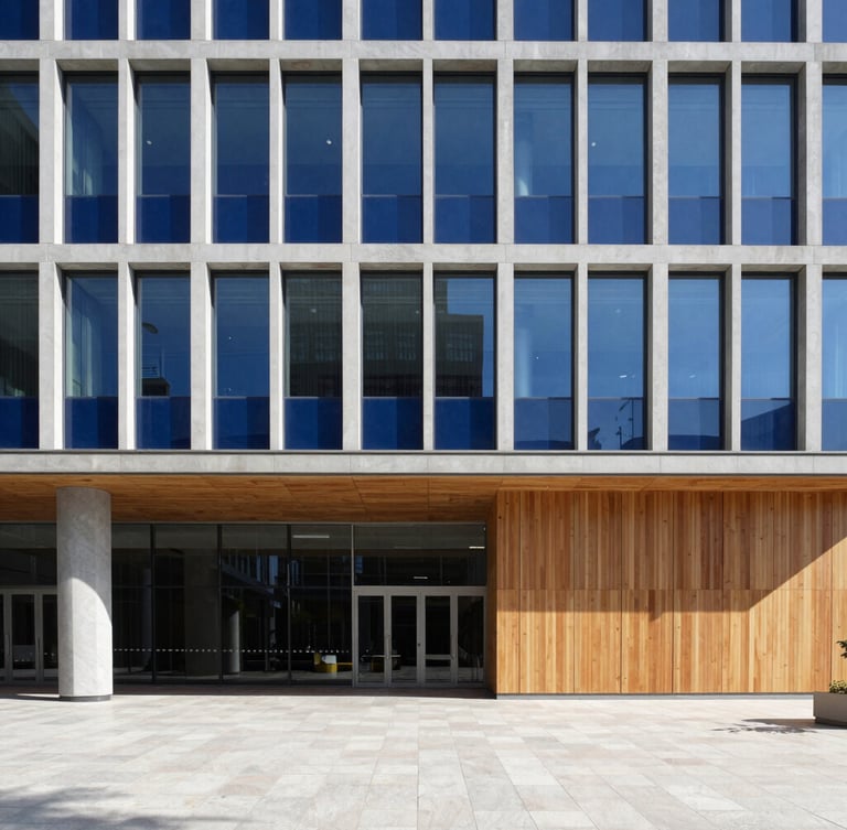 Wide shot of a modern, clean corporate headquarters lobby with architectural grid lines, crisp daylight, and a subtle hint of deep royal blue accents. No people visible. Focus on structure and precision.