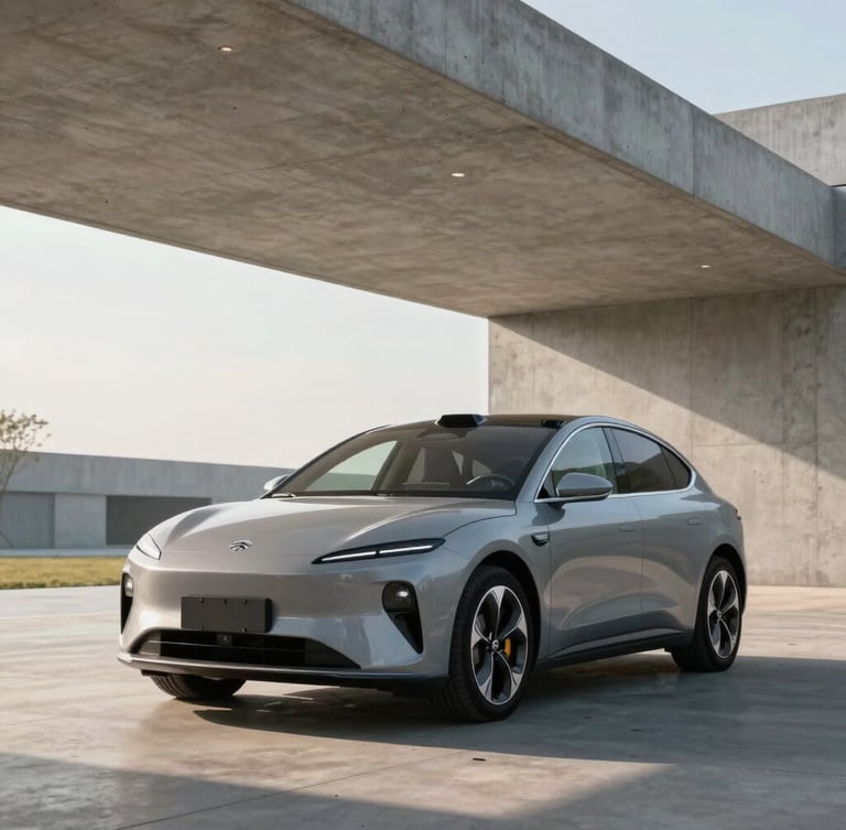 Environmental portrait of a modern electric vehicle parked in a minimalist concrete carport, soft natural morning daylight, sharp clean architectural lines.