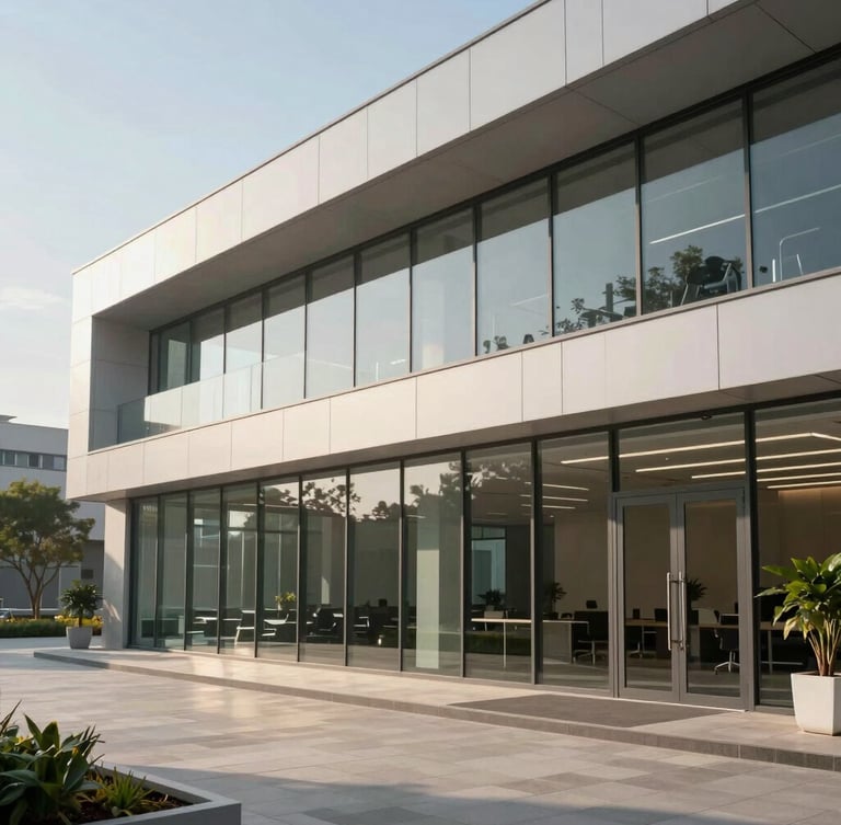 Environmental portrait of a modern, sunlit corporate workspace with clean lines, soft natural daylight, and architectural glass details.
