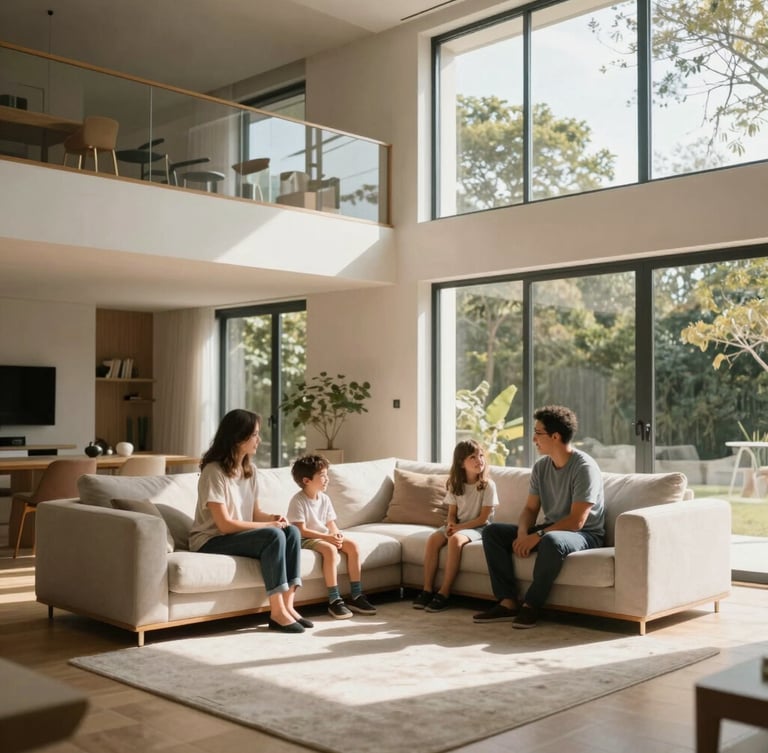 A sunlit architectural home interior, a family sitting together on a modern sofa, warm natural light streaming through large windows, soft shadows, premium minimalist aesthetic.