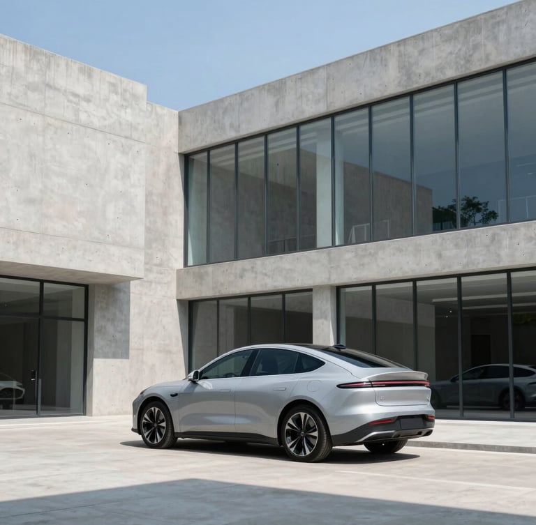Modern electric vehicle parked outside a minimalist concrete and glass corporate office, bright daylight, sharp clean lines.