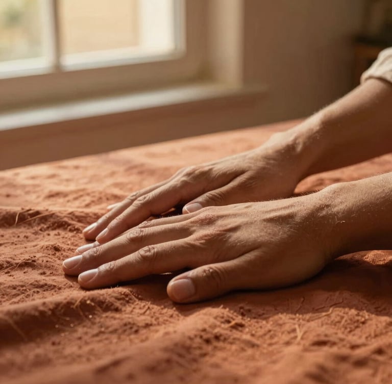 Intimate close-up of hands in grounded, supportive contact on warm linen, soft golden hour window light, rich terracotta tones