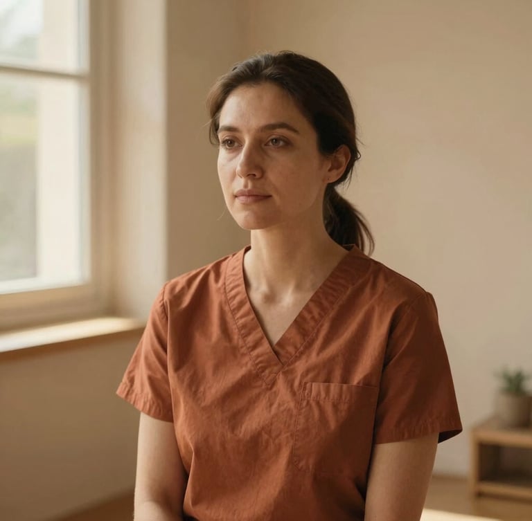 Warm editorial portrait of a female therapist in her 30s, serene expression, natural light from a window, soft sand-colored background, organic minimalist aesthetic