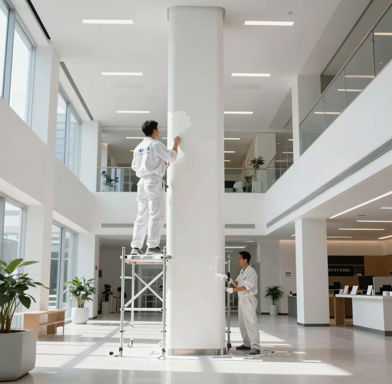 Straight-on shot of an expansive, bright modern commercial lobby with high ceilings, painters in clean white branded uniforms on scaffolding applying crisp white paint to a structural column, natural daylight streaming in.