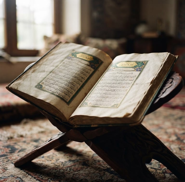 Close-up of an open classical Arabic manuscript on a dark wooden book stand, soft natural morning light from a side window, shallow depth of field, elegant editorial style.