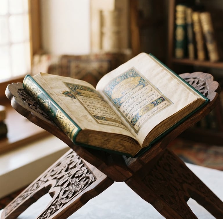 Close-up of a beautifully bound classical Islamic text resting on a wooden stand, warm ambient sunlight casting soft shadows, elegant editorial photography.