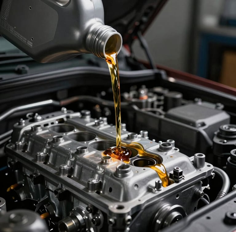 Tight macro shot of fresh golden motor oil pouring into a clean engine bay, dramatic overhead mechanical lighting, deep graphite and metallic tones, sharp focus, 35mm lens