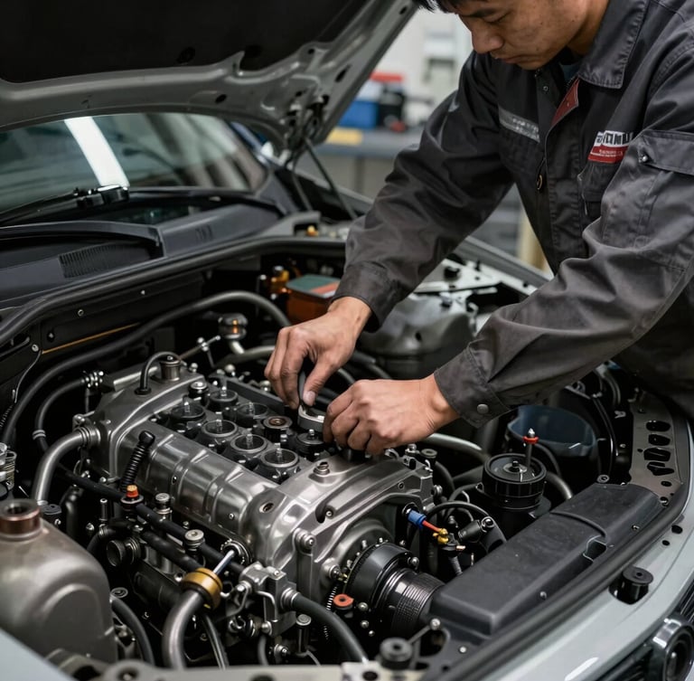 Hands of a professional mechanic in a dark graphite uniform working on a car engine bay, dramatic side lighting, sharp focus, industrial workshop setting