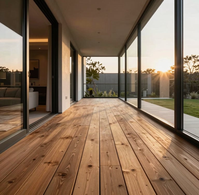 One-point perspective of a modern luxury living room flowing directly onto a wooden terrace deck, minimal black metal frames, golden hour lighting highlighting the continuous floor plane.