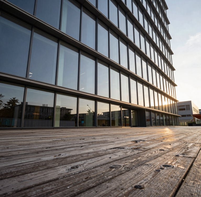 Low-angle architectural shot of a modern glass facade meeting a weathered teak deck, golden hour lighting highlighting the material intersection, sharp perspective.
