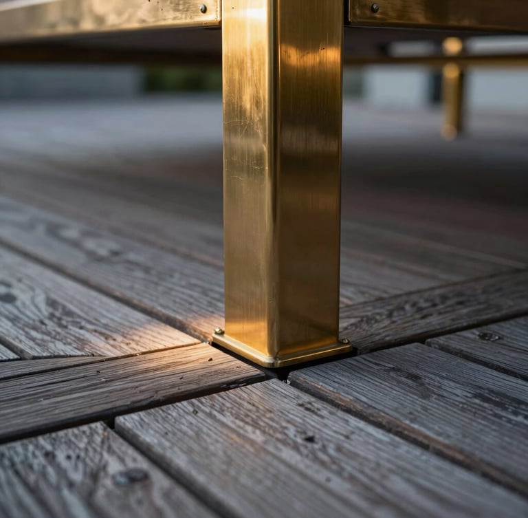 Close-up macro shot of weathered teak decking meeting a polished brass structural joint on a luxury terrace, dramatic architectural uplighting at dusk, shallow depth of field.