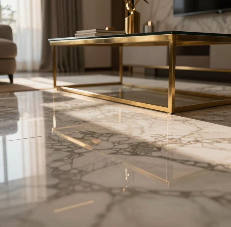 Low-angle architectural shot of a luxury living room, imported marble floors reflecting warm twilight, custom brass accents