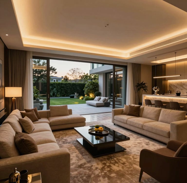 One-point perspective of a luxurious modern penthouse living room transitioning seamlessly to an outdoor illuminated terrace garden at dusk, gold uplighting, high-end furniture.