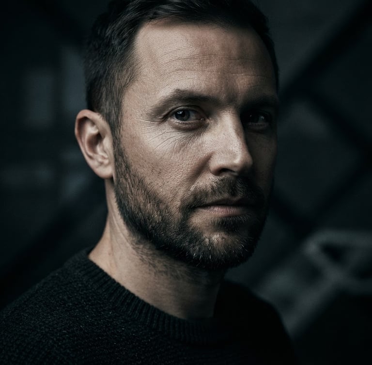 Close-up macro of a minimalist author portrait in low-key studio lighting, deep charcoal shadows, sharp contrast, professional editorial look, looking slightly off-camera.