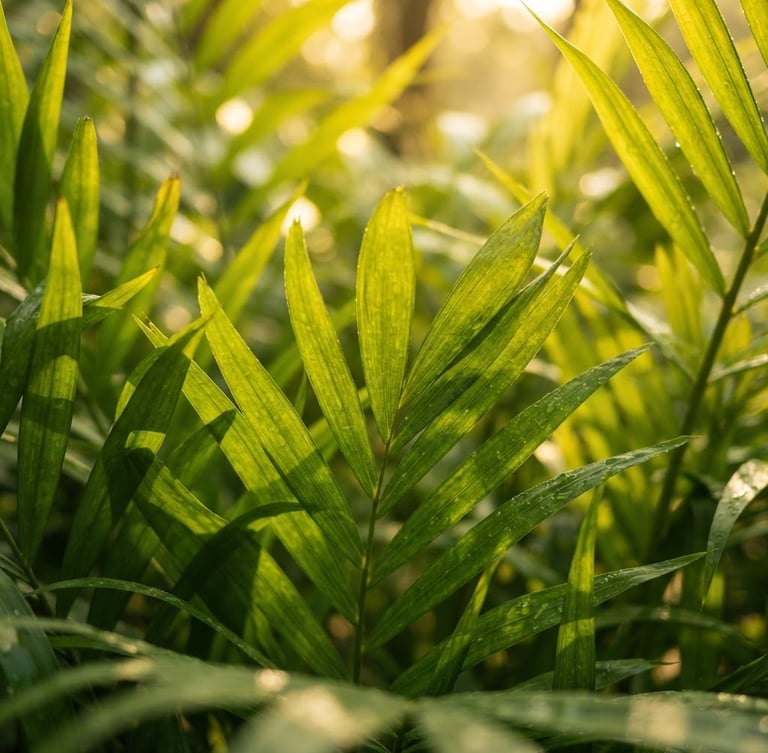 Crisp macro photograph of vibrant green tropical palm leaves with warm morning sunlight filtering through, shallow depth of field, 35mm