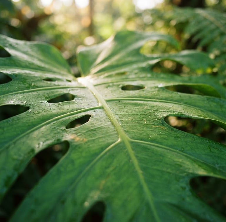 Crisp macro photograph of vibrant green Monstera leaf texture with bright morning daylight filtering through, shallow depth of field, 35mm