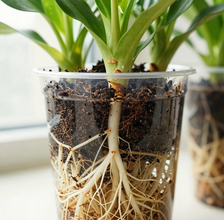 Close-up of a healthy tropical plant root system in a clean nursery pot, showing strong white roots and rich dark soil, bright diffused morning daylight