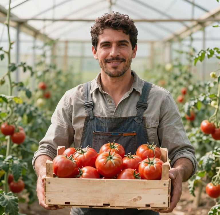 Bright, sunlit portrait of a Spanish farmer in a tomato greenhouse, holding a wooden crate of freshly picked heirloom tomatoes, warm editorial photography, soft natural window light, 35mm