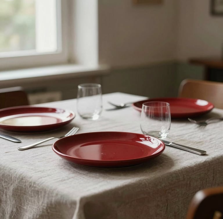Warm editorial photography of a minimalist Scandinavian-style restaurant table with a linen tablecloth, soft natural window light, rich crimson accents on ceramic plates, shallow depth of field, 35mm