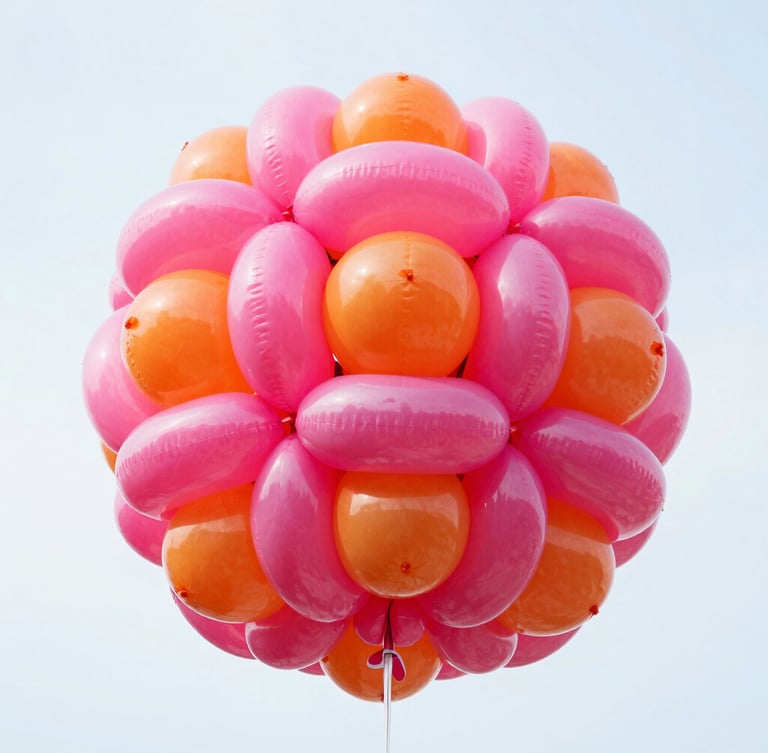 Dynamic low-angle shot of a massive organic double-stuffed balloon installation in electric pink and tangerine, bright high-key natural daylight, vibrant editorial photography, 35mm