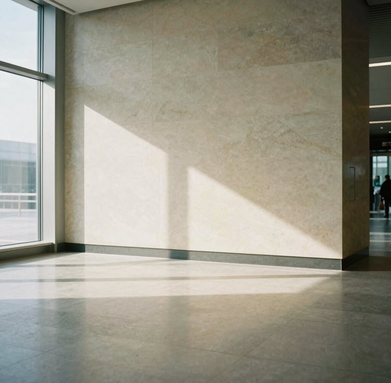 Minimalist luxury transit hub interior, soft natural light reflecting on polished limestone, architectural shadows, 35mm photography