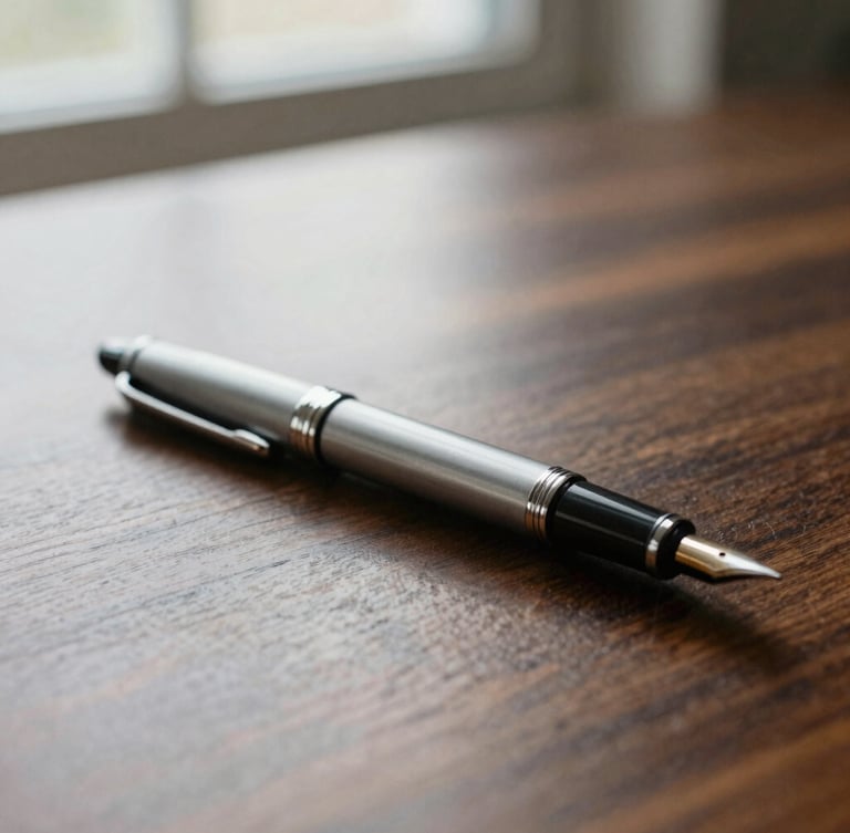 Warm editorial close-up of fine heavy-weight stationery and a fountain pen resting on a dark walnut desk, soft natural window light, shallow depth of field