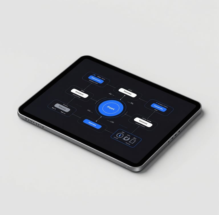 A sharp 3D digital product render of a modern tablet displaying a technical architecture diagram, flat-lay mockup on a high-contrast minimalist light gray background, crisp studio lighting, sharp defined shadows