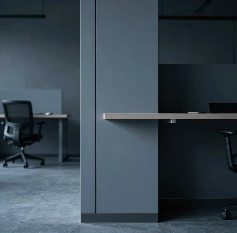 Minimalist architectural detail of a modern tech workspace, empty structured environment, cool-toned low-key lighting, 35mm