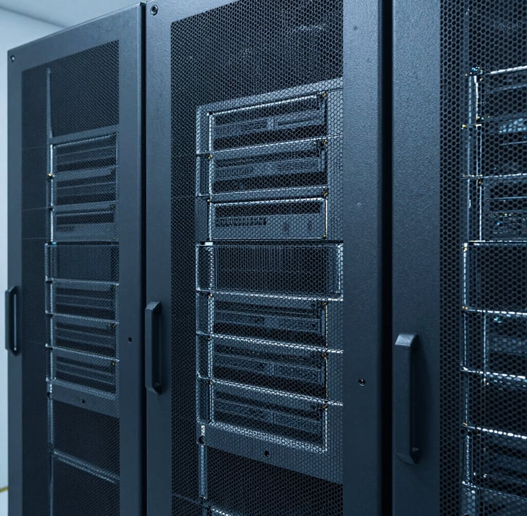 Sleek industrial photography of clean server racks in a data center, cool blue and slate gray tones, sharp studio lighting, macro hardware details, 35mm