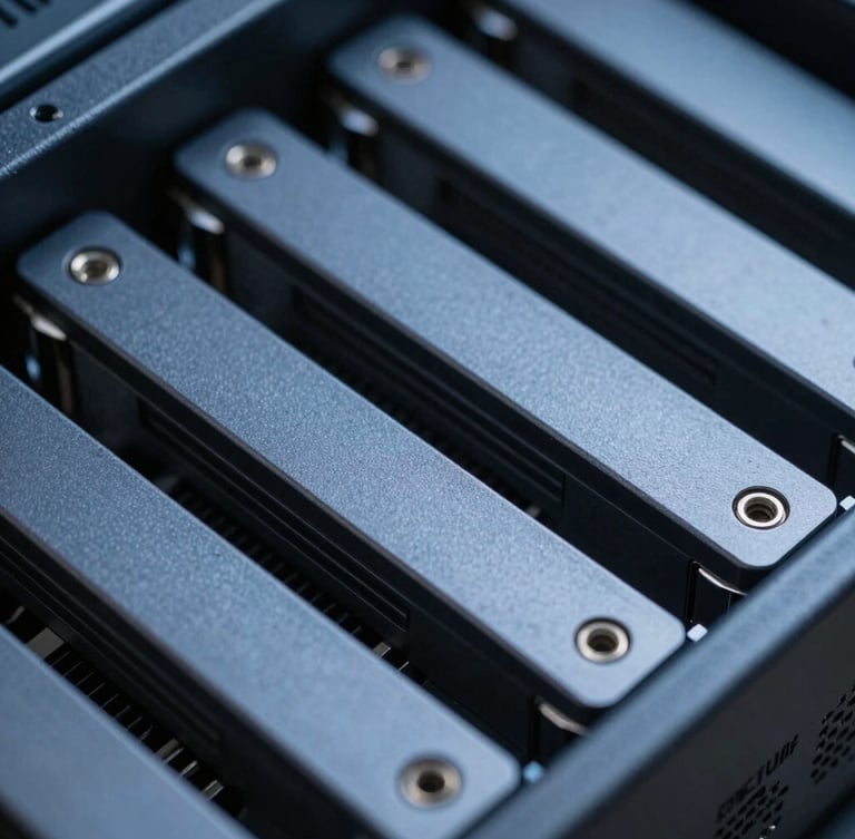 Macro details of sleek server hardware, cool blue and slate gray tones, sharp studio lighting, 35mm