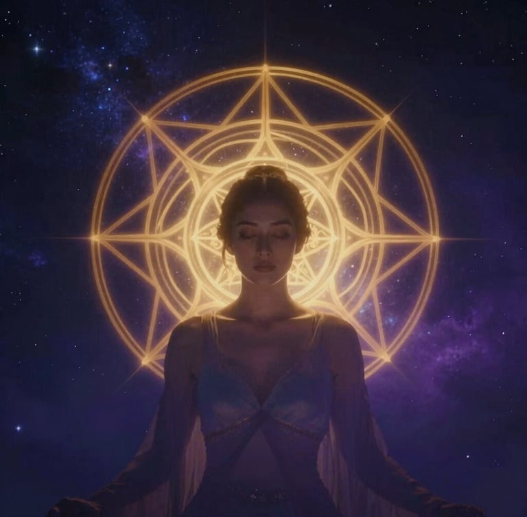 Ethereal portrait of a female practitioner in soft, warm golden lighting, low-key contrast, deep indigo background with faint sacred geometry, 35mm lens