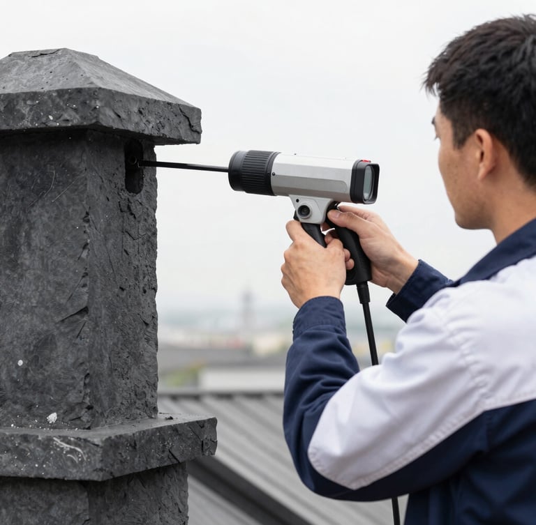 Close-up of a chimney technician in a neat uniform operating a high-tech flue camera, bright interior lighting, clean workspace, sharp focus.
