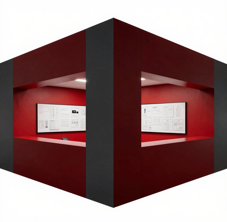Sharp editorial photography of a modern workspace with crisp architectural angles, deep crimson highlights, and collaborative strategy boards visible, 50mm