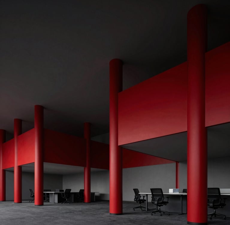 Sharp editorial photography of a modern collaborative workspace, dynamic architectural angles, deep crimson highlights, high contrast studio lighting