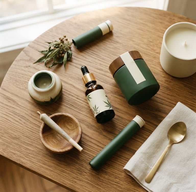High-angle flat lay of elegantly packaged cannabis products on a clean wooden surface, soft natural light, deep forest green and cream tones.