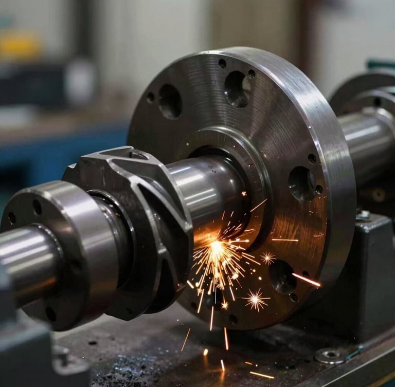 Macro detail shot of a heavy-duty industrial rotor being dynamically balanced in a dark workshop, high-contrast metallic tones, safety orange sparks, 35mm