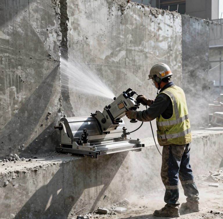 A powerful operator in safety gear operating a heavy-duty hydraulic concrete wall saw, cutting through reinforced concrete, high-contrast dramatic side-lighting, water cooling spray, 35mm