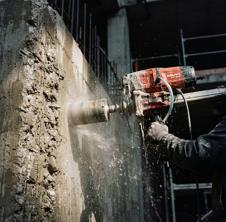 Low-angle portrait shot of a heavy-duty diamond core drill cutting into a reinforced concrete wall, dramatic side-lighting illuminating dust and water spray, sharp focus on the diamond-tipped bit, 35mm