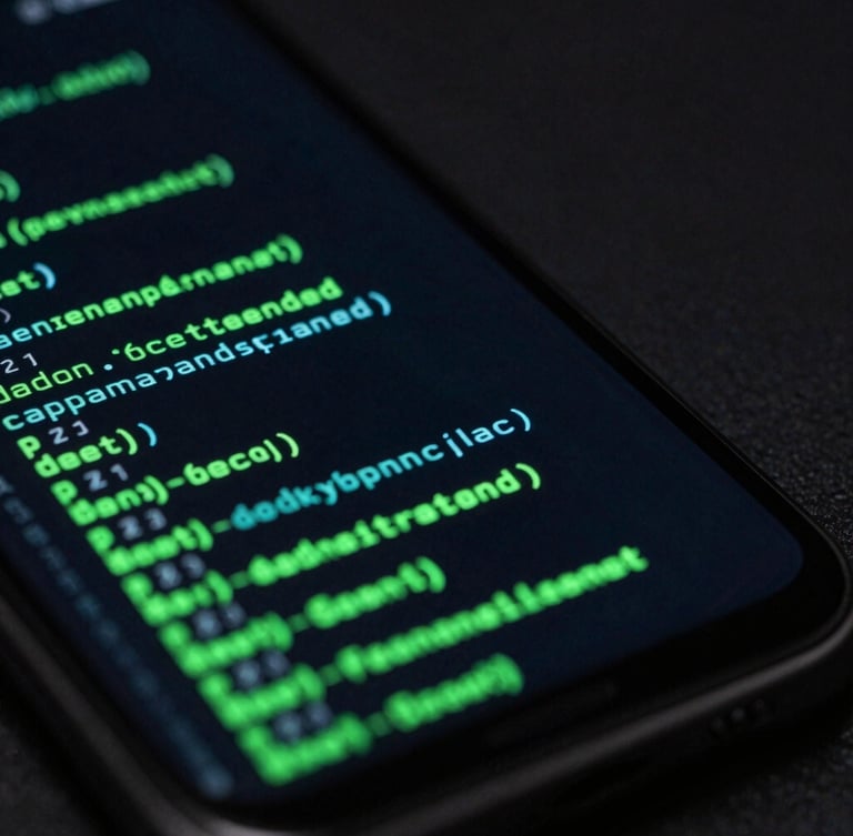 Angled close-up macro shot of a premium Android flagship screen showing dense code lines and glowing green system performance metrics, low-key dark setup