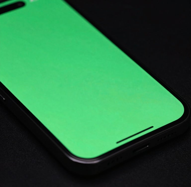 Close-up macro shot of a physical phone screen displaying a vibrant Material You color-matched interface, angled perspective, neon green backlighting, dark background