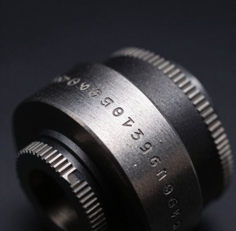 Macro detail shot of a pristine, oil-free metal component with laser-etched technical serial numbers, low-key dramatic lighting, dark obsidian background