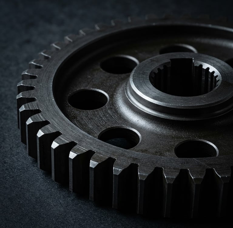Dramatic studio product photography, extreme close-up of a billet-machined steel gear with sharp metallic rim-lights against a dark charcoal background, 85mm lens