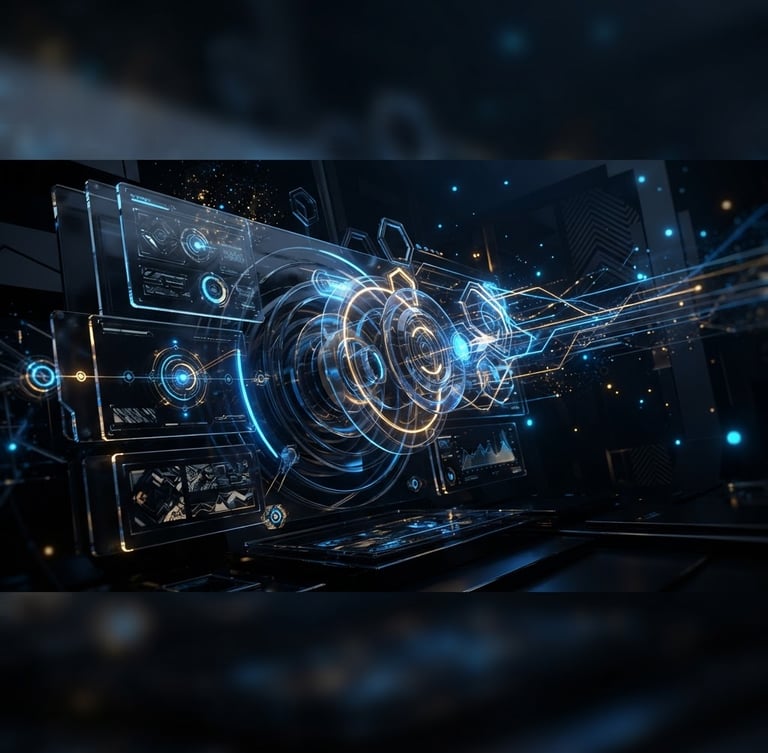 Wide shot of a sleek, dark 3D glassmorphic UI, glowing electric blue and gold accents, reflecting deep obsidian textures, dramatic low-key studio lighting, octane render, bleeding to the right edge.
