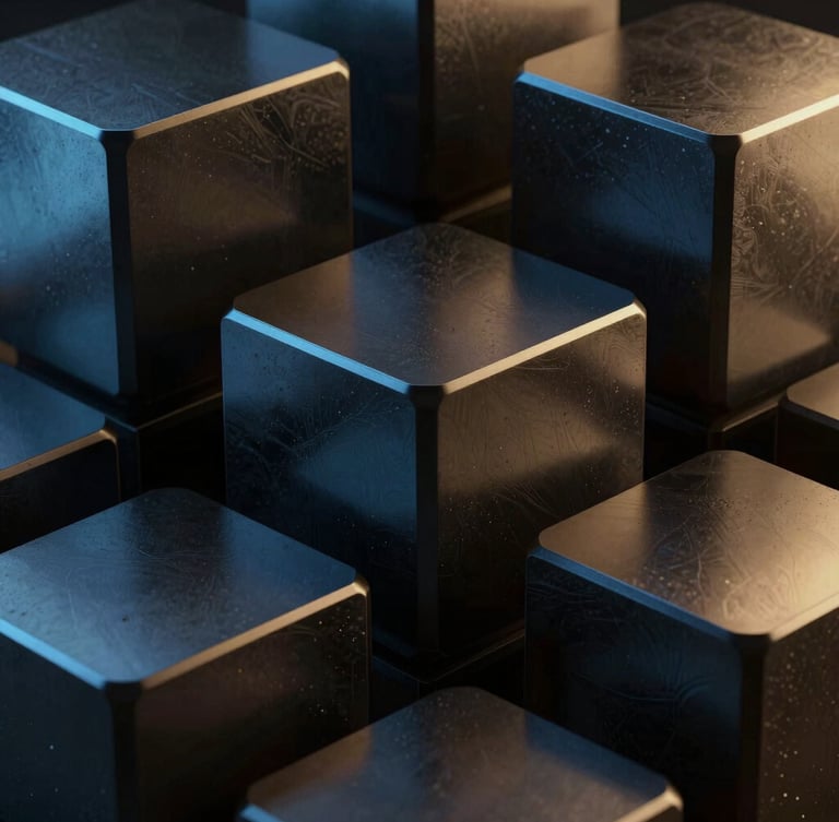 Abstract 3D render of interconnected geometric structures, dark metallic textures, electric blue and gold light reflections, dramatic studio lighting, high contrast, portrait aspect, octane render.