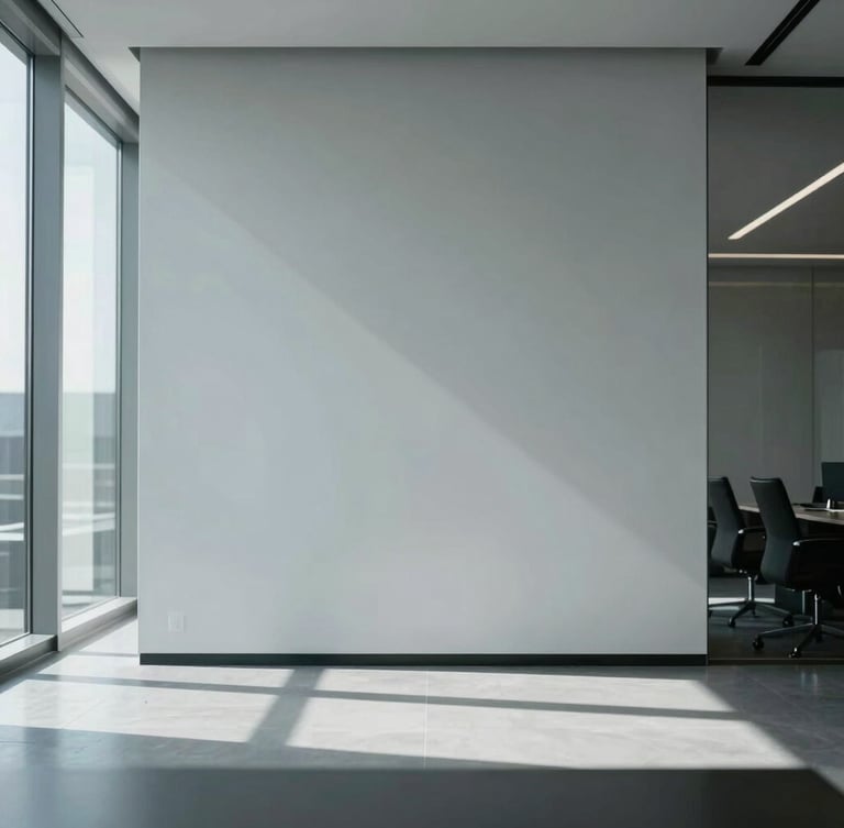 Sharp architectural lines of a modern corporate boardroom, cool overcast daylight casting deep shadows, minimalist editorial photography
