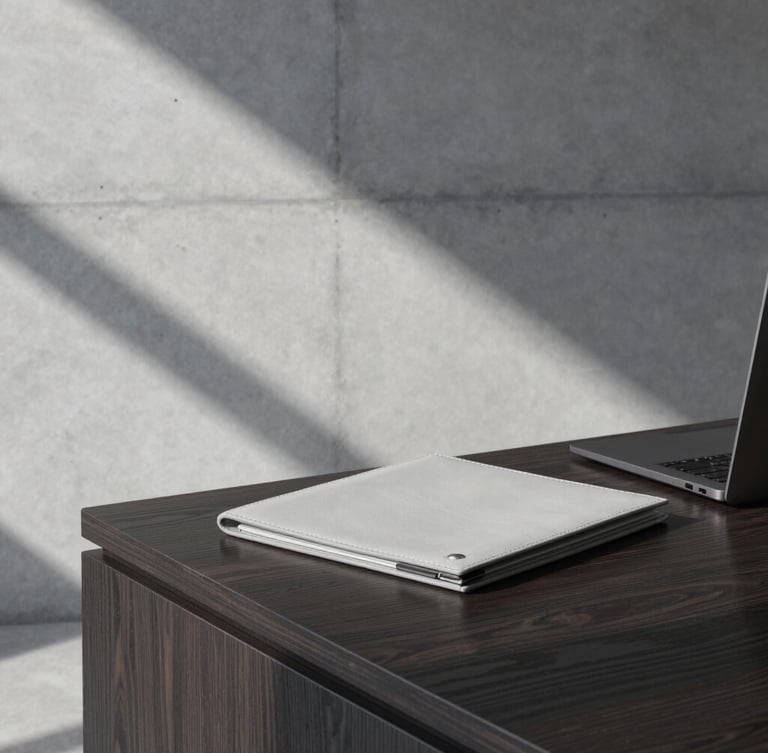 Sharp architectural shadows on a concrete wall, a clean leather folder on a modern dark oak desk, cool overcast daylight, desaturated corporate tones, 50mm lens.