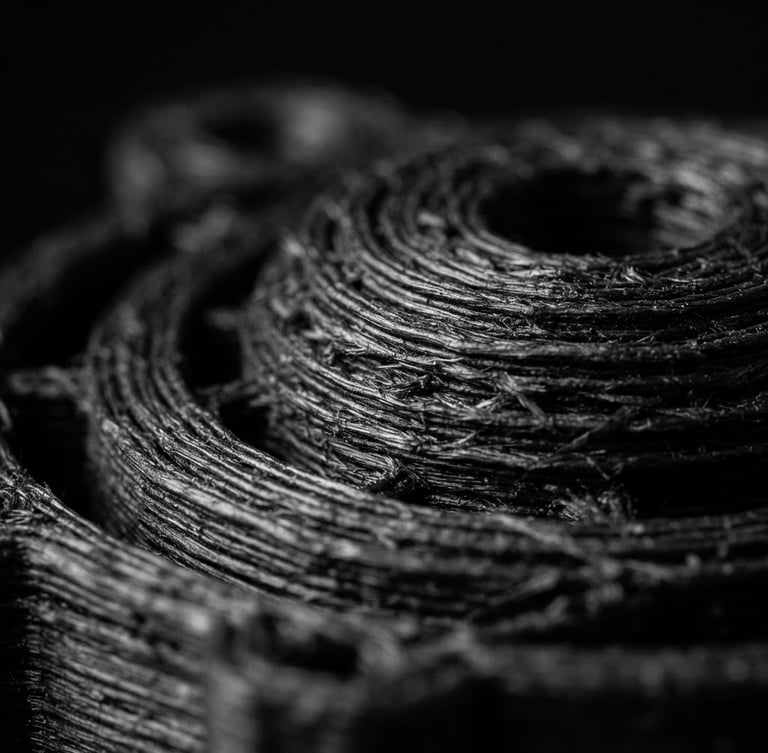 Extreme macro shot of 3D printed carbon-reinforced filament layers, high-contrast studio lighting, dark moody background, sharp details, 35mm