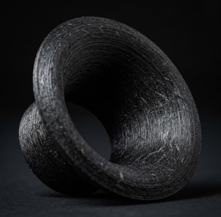 Extreme macro shot of a 3D-printed black carbon-reinforced velocity stack, showcasing the ultra-fine additive layers, dramatic high-contrast studio lighting, dark moody background, 35mm