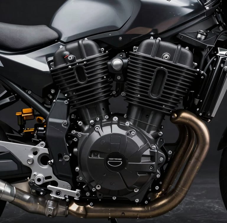 Sleek motorcycle engine bay with 3D-printed velocity stacks installed, high-contrast studio lighting, raw mechanical details, 35mm